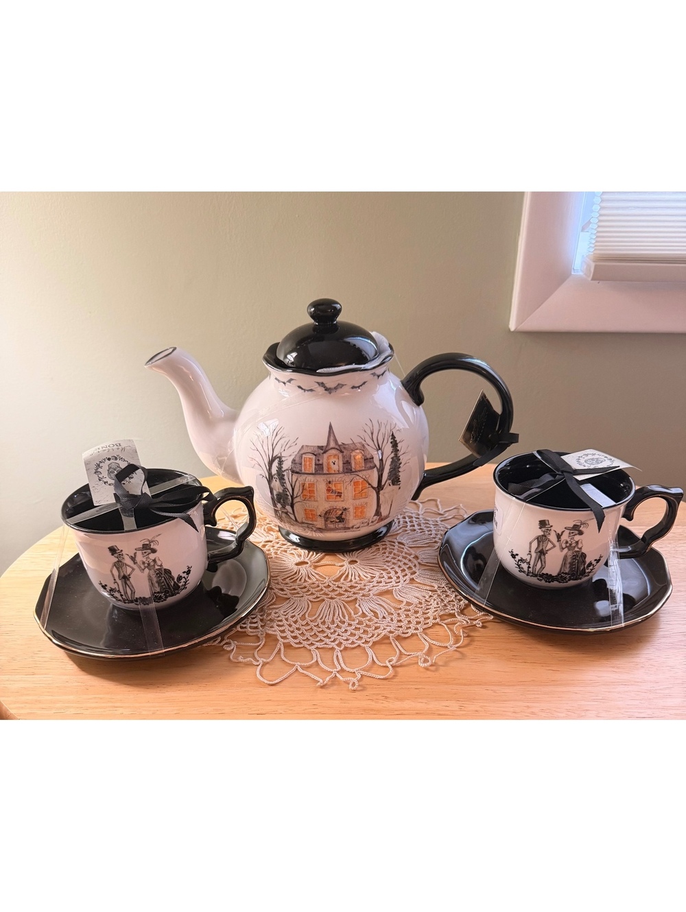 Spooky Night Halloween Tea Set with Haunted House and Skeleton Couple Design